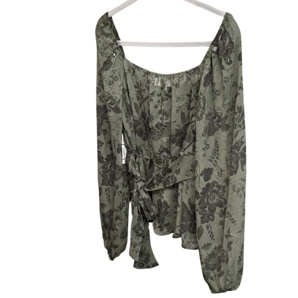 Women's Olive Green Floral Wrap Peplum Blouse L Square Neck Balloon Sleeve Top - Picture 4 of 10